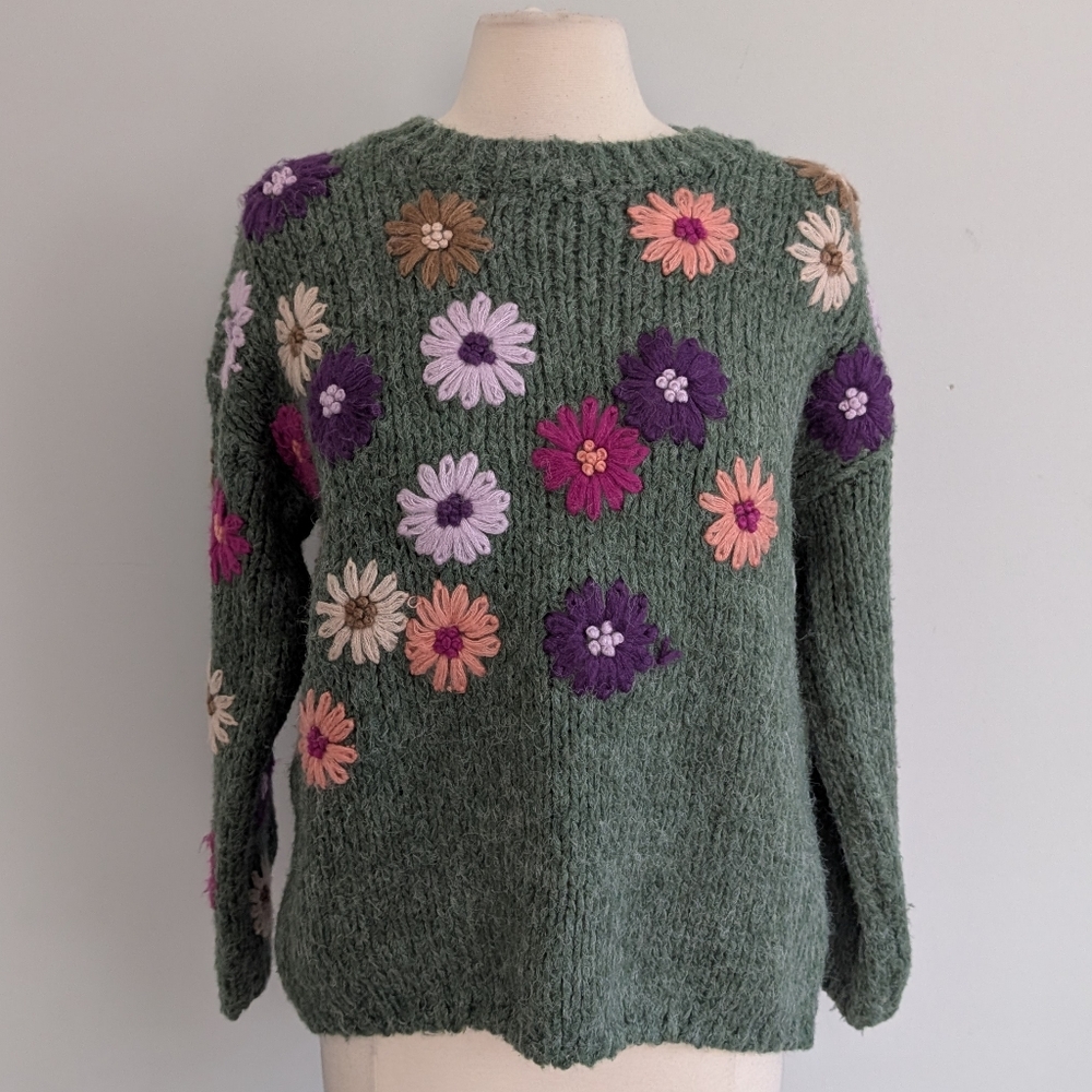 Women's Joh. Green Embroidered Floral Pink Purple Sweater XS Oversized Savita - Picture 2 of 10